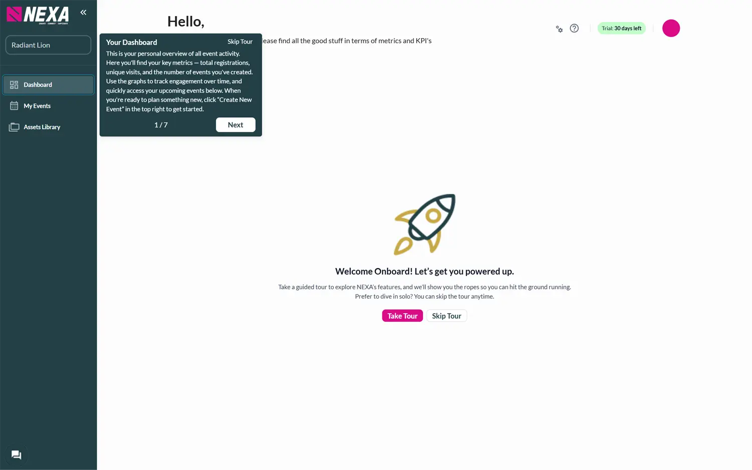 NEXA dashboard – oversigt over events